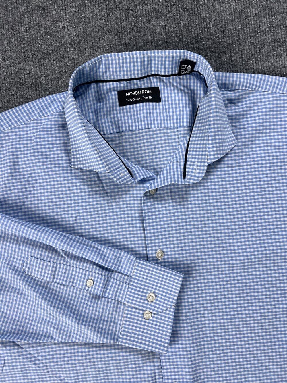 Nordstrom Dress Shirt Tech Smart Trim Fit Blue Check 17.5 32 33 Mens Extra Large